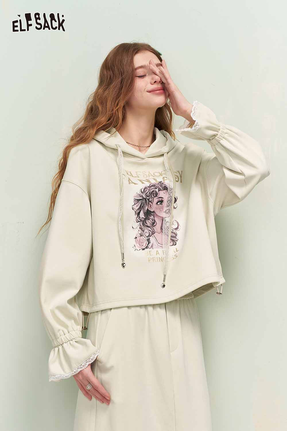 ELFSACK Vintage Sweet Girl Print Flare Sleeve Hooded Sweatshirt Skirt Set