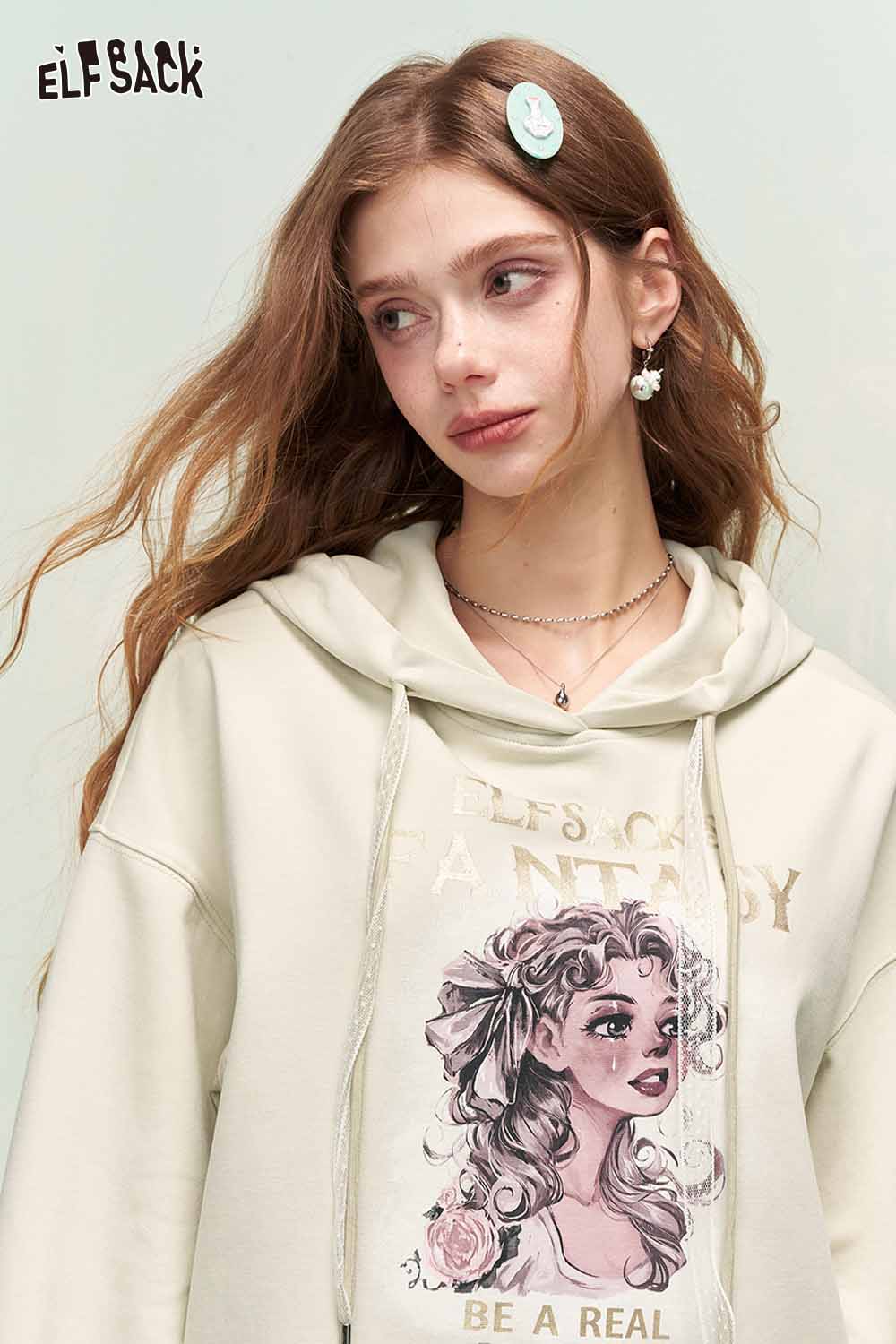 ELFSACK Vintage Sweet Girl Print Flare Sleeve Hooded Sweatshirt Skirt Set