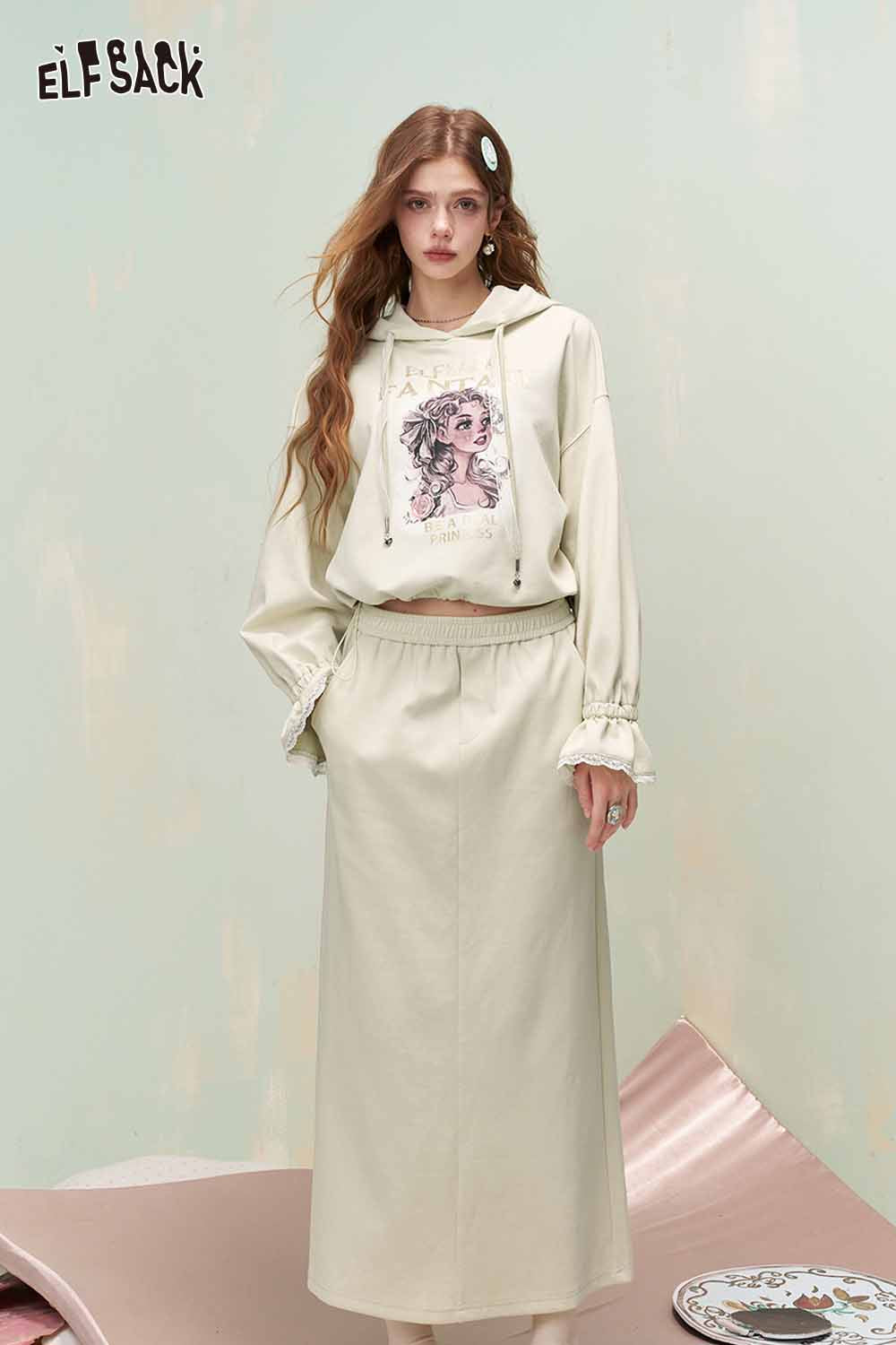ELFSACK Vintage Sweet Girl Print Flare Sleeve Hooded Sweatshirt Skirt Set
