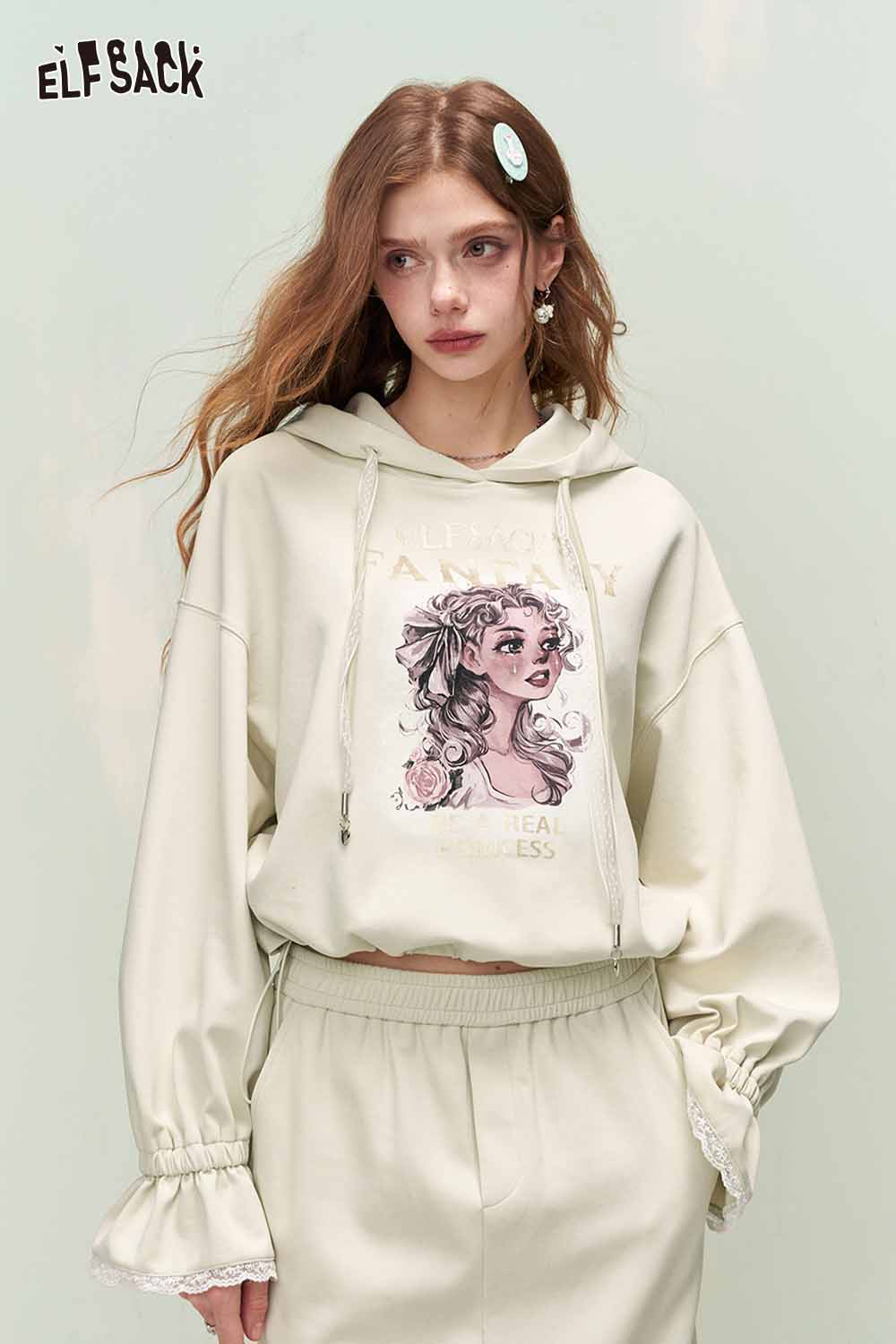 ELFSACK Vintage Sweet Girl Print Flare Sleeve Hooded Sweatshirt Skirt Set