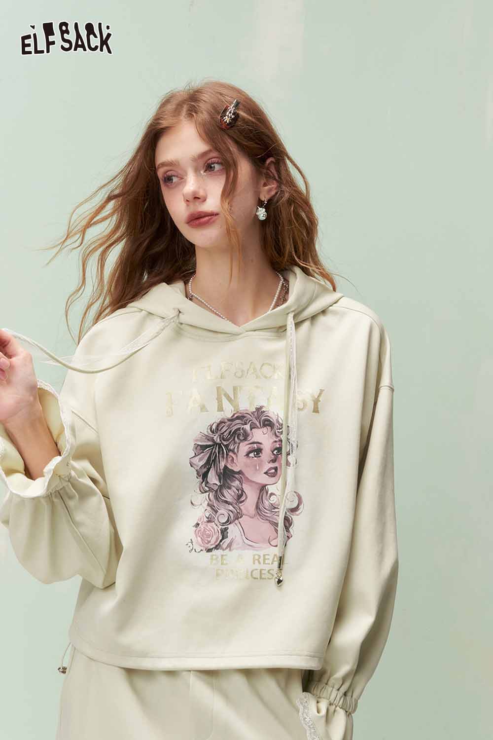 ELFSACK Vintage Sweet Girl Print Flare Sleeve Hooded Sweatshirt Skirt Set