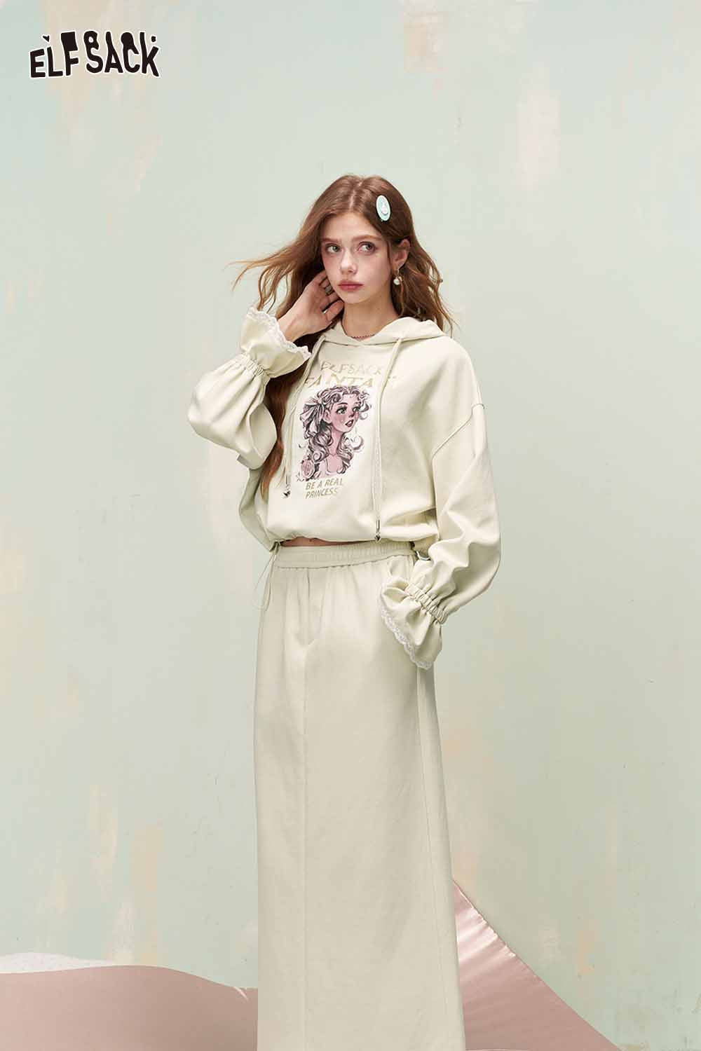 ELFSACK Vintage Sweet Girl Print Flare Sleeve Hooded Sweatshirt Skirt Set