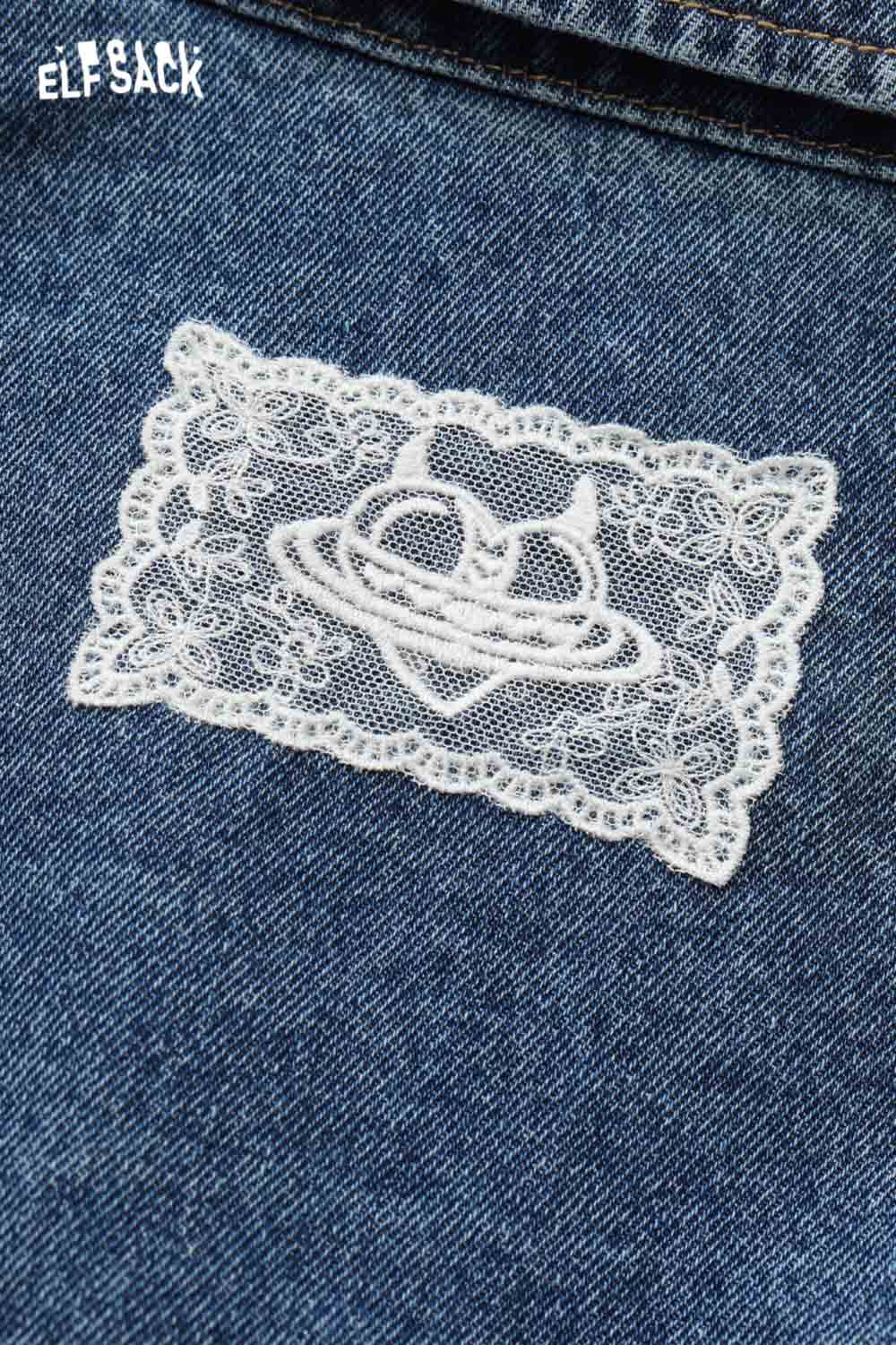 ELFSACK Vintage Sweet Girly Lace Trim Heart Pocket Cropped Denim Jacket