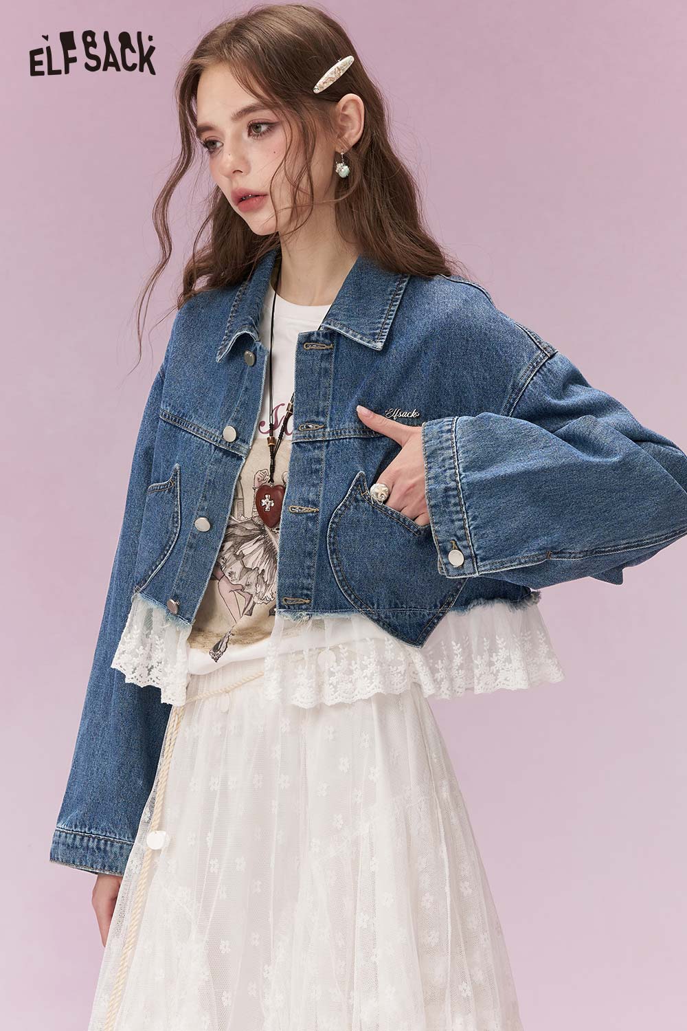 ELFSACK Vintage Sweet Girly Lace Trim Heart Pocket Cropped Denim Jacket