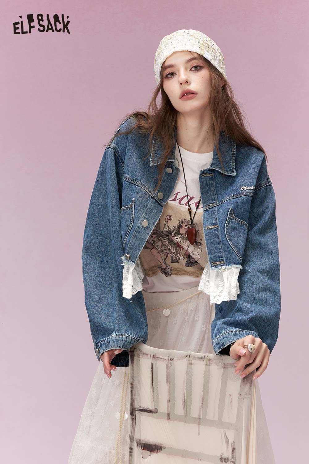 ELFSACK Vintage Sweet Girly Lace Trim Heart Pocket Cropped Denim Jacket