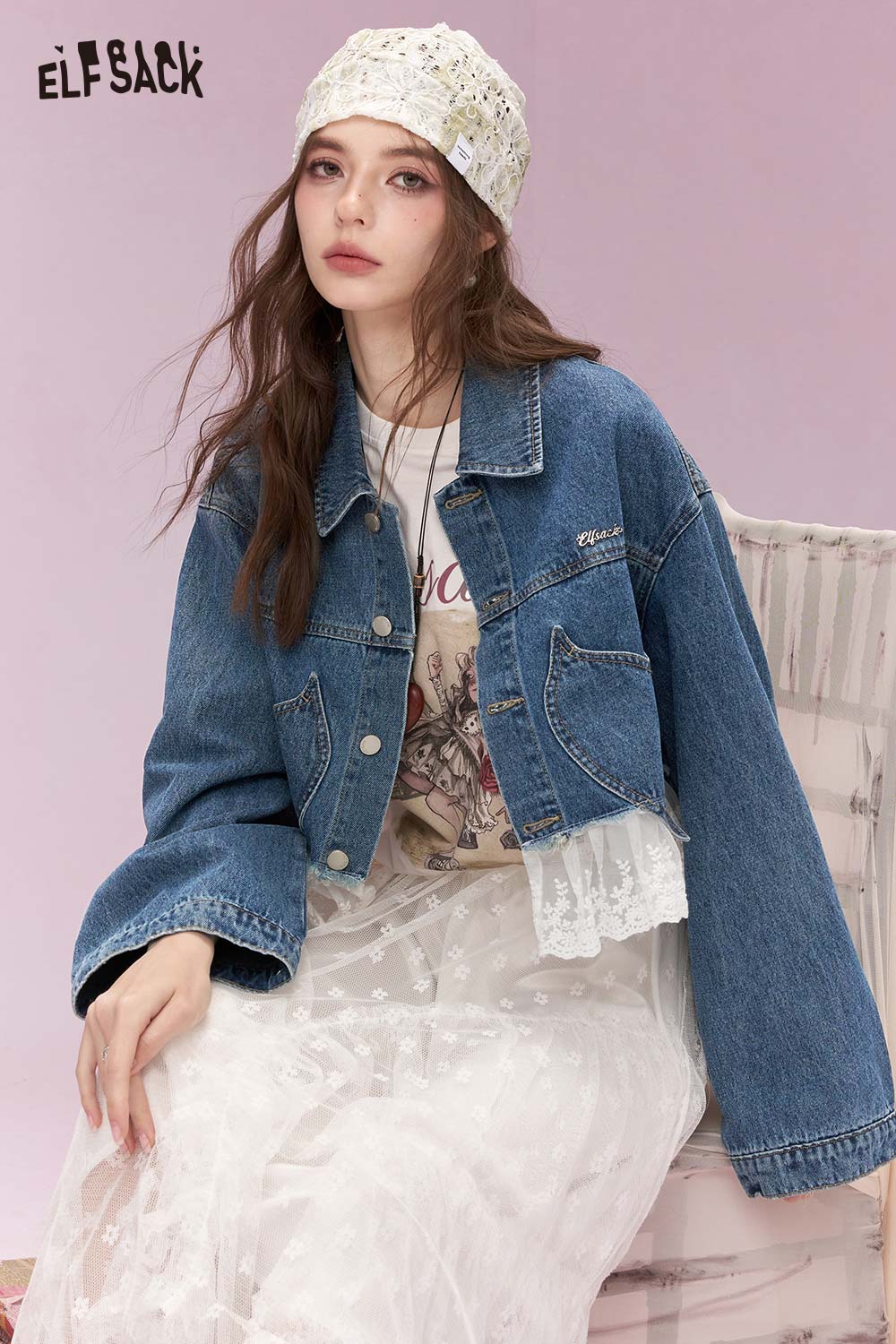 ELFSACK Vintage Sweet Girly Lace Trim Heart Pocket Cropped Denim Jacket