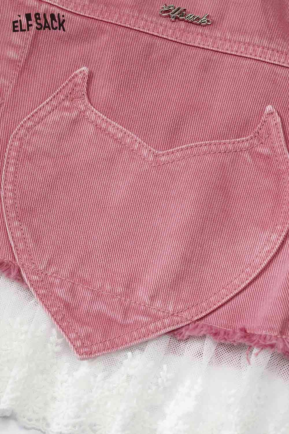 ELFSACK Vintage Sweet Girly Lace Trim Heart Pocket Cropped Denim Jacket