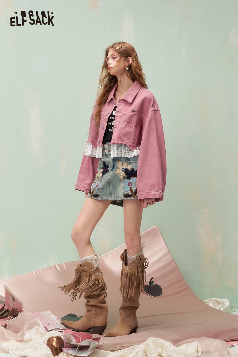 ELFSACK Vintage Sweet Girly Lace Trim Heart Pocket Cropped Denim Jacket
