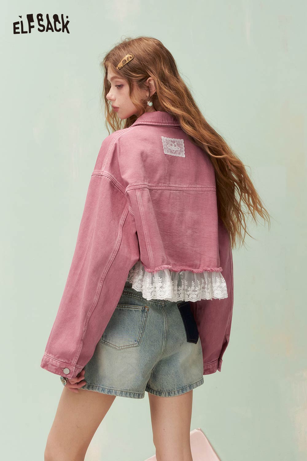 ELFSACK Vintage Sweet Girly Lace Trim Heart Pocket Cropped Denim Jacket