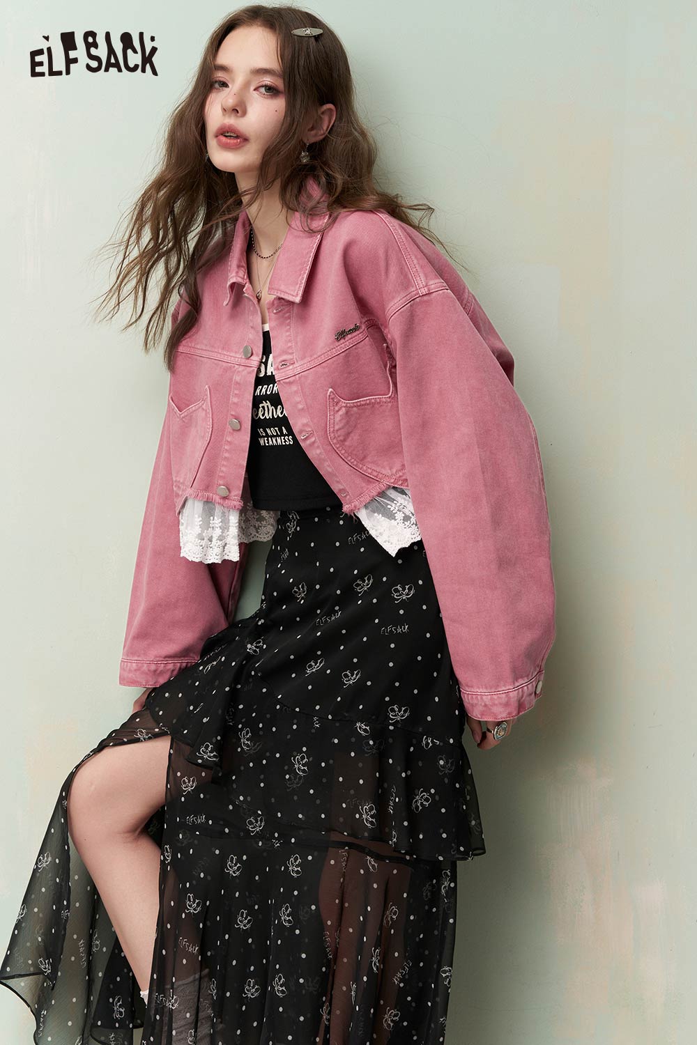 ELFSACK Vintage Sweet Girly Lace Trim Heart Pocket Cropped Denim Jacket