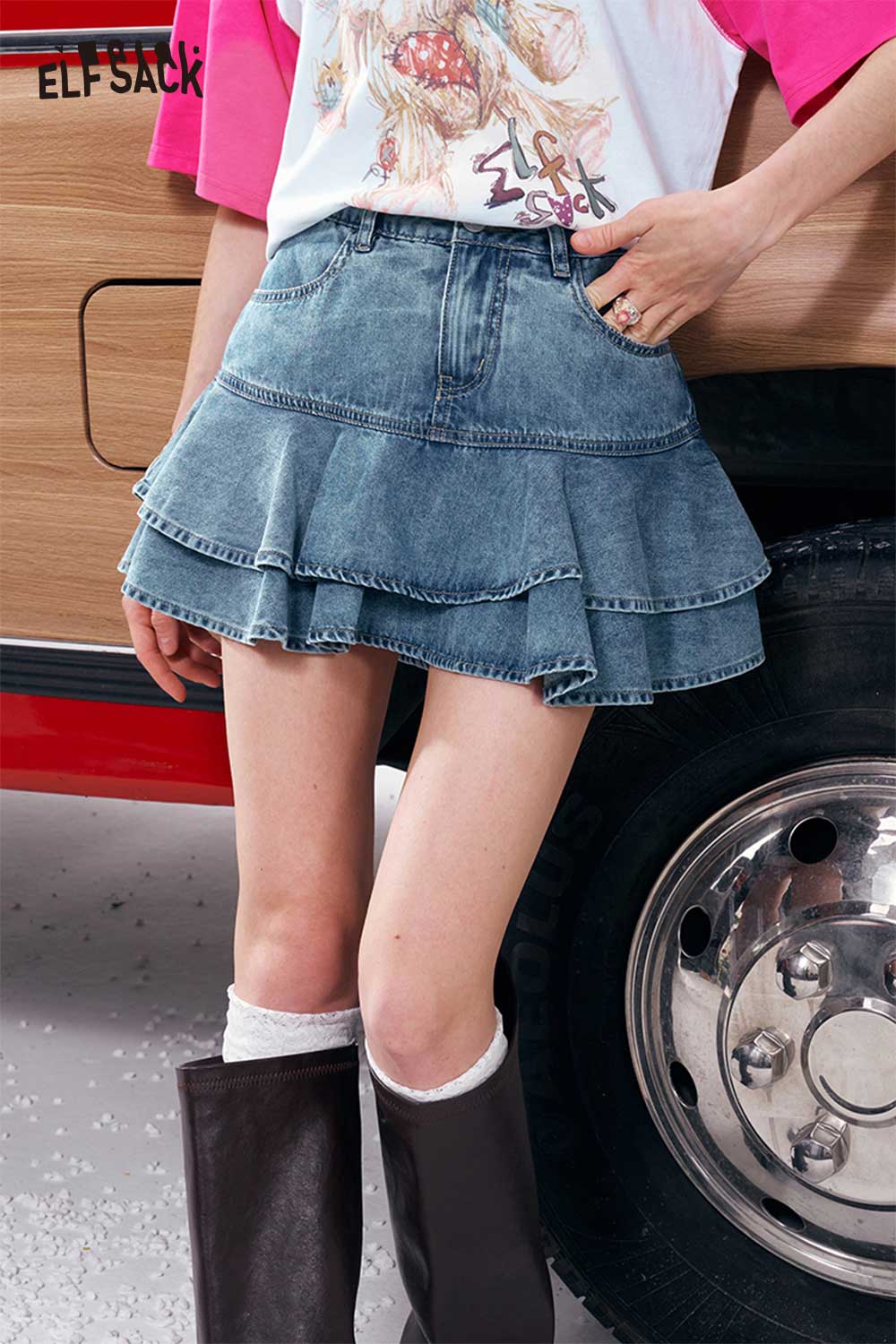 ELFSACK Vintage Tiered Denim Mini Skirt