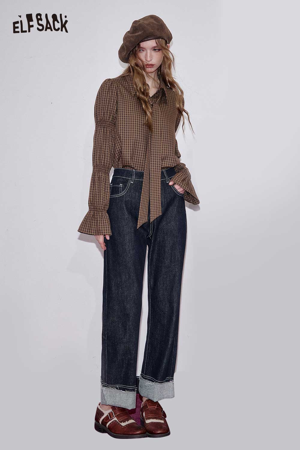 ELFSACK Cotton Denim Turn-Up Hem Vintage Wash Straight Leg Jeans