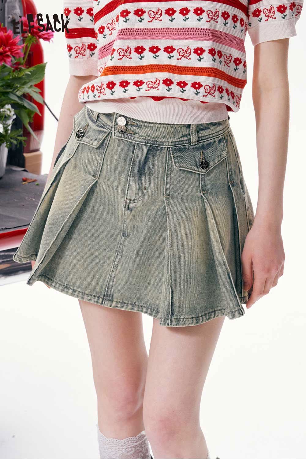 ELFSACK Vintage Washed Denim Mini Skirt