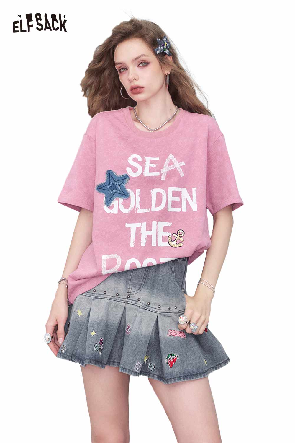 ELFSACK Vintage Washed Letter Print Loose Casual Mid-Length T-Shirt
