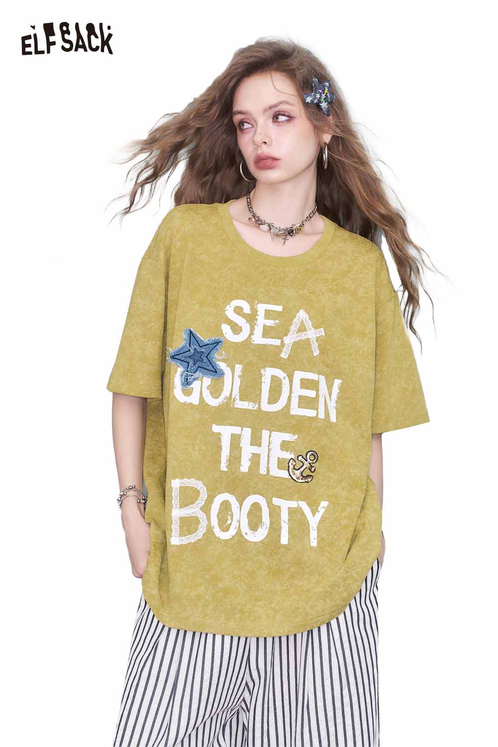 ELFSACK Vintage Washed Letter Print Loose Casual Mid-Length T-Shirt