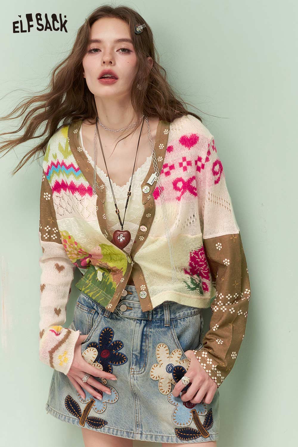 ELFSACK Vintage Whimsical Mixed Media Jacquard Knit Cardigan
