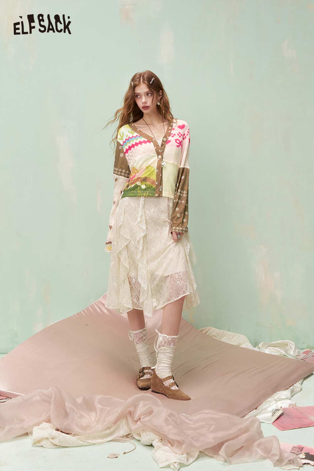 ELFSACK Vintage Whimsical Mixed Media Jacquard Knit Cardigan