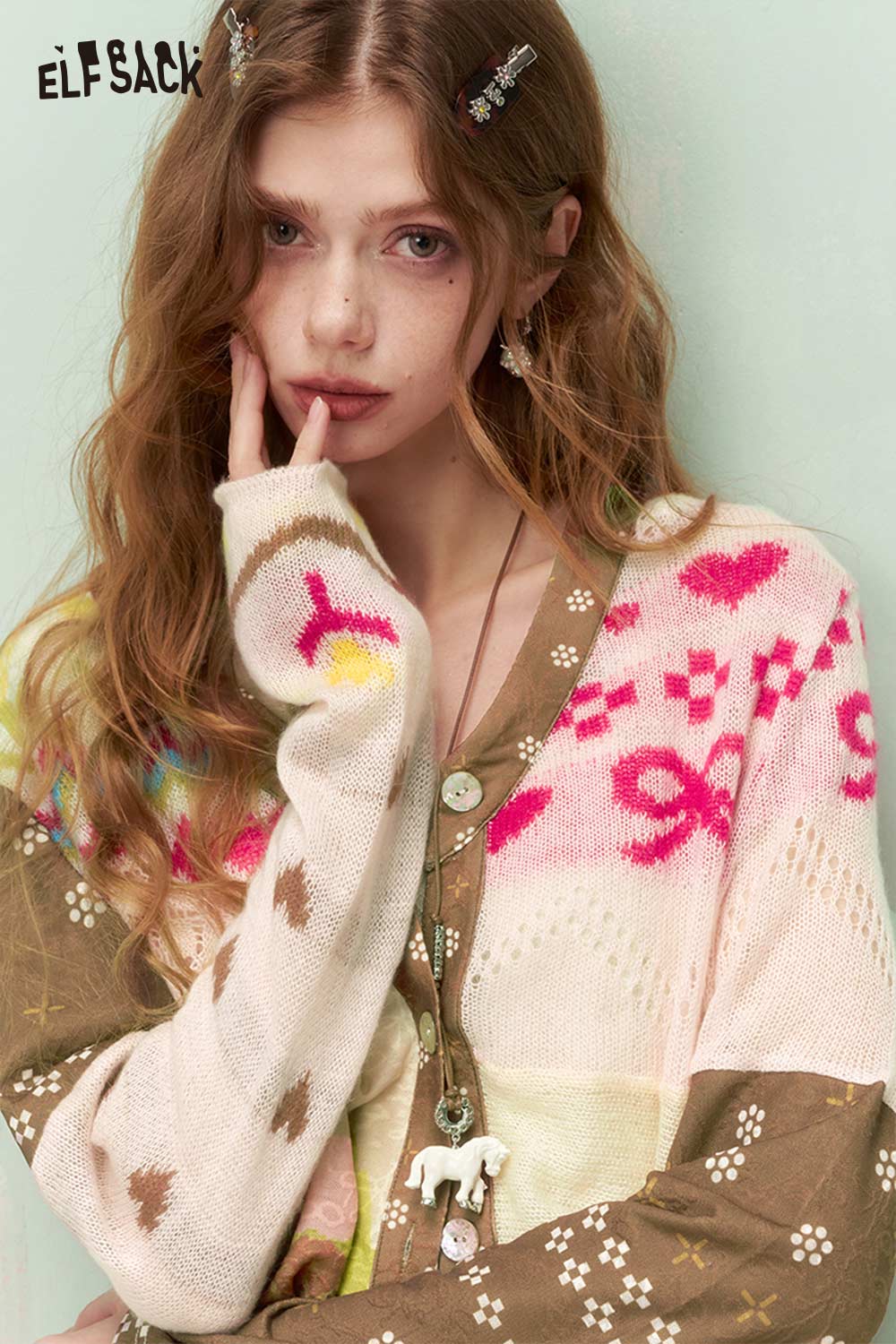 ELFSACK Vintage Whimsical Mixed Media Jacquard Knit Cardigan