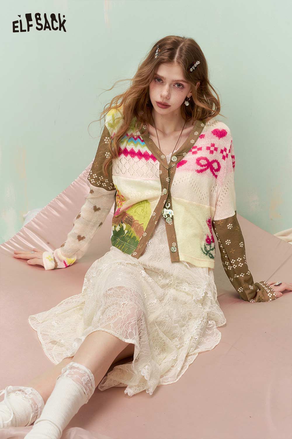 ELFSACK Vintage Whimsical Mixed Media Jacquard Knit Cardigan