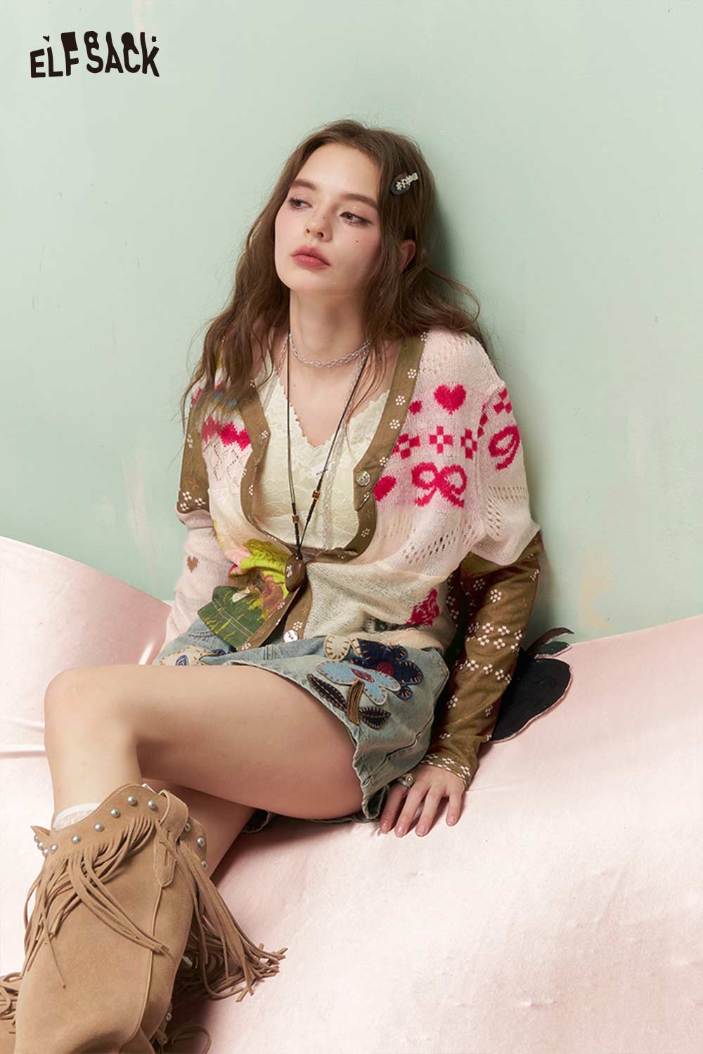 ELFSACK Vintage Whimsical Mixed Media Jacquard Knit Cardigan