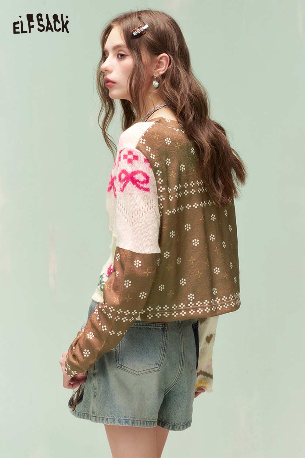 ELFSACK Vintage Whimsical Mixed Media Jacquard Knit Cardigan