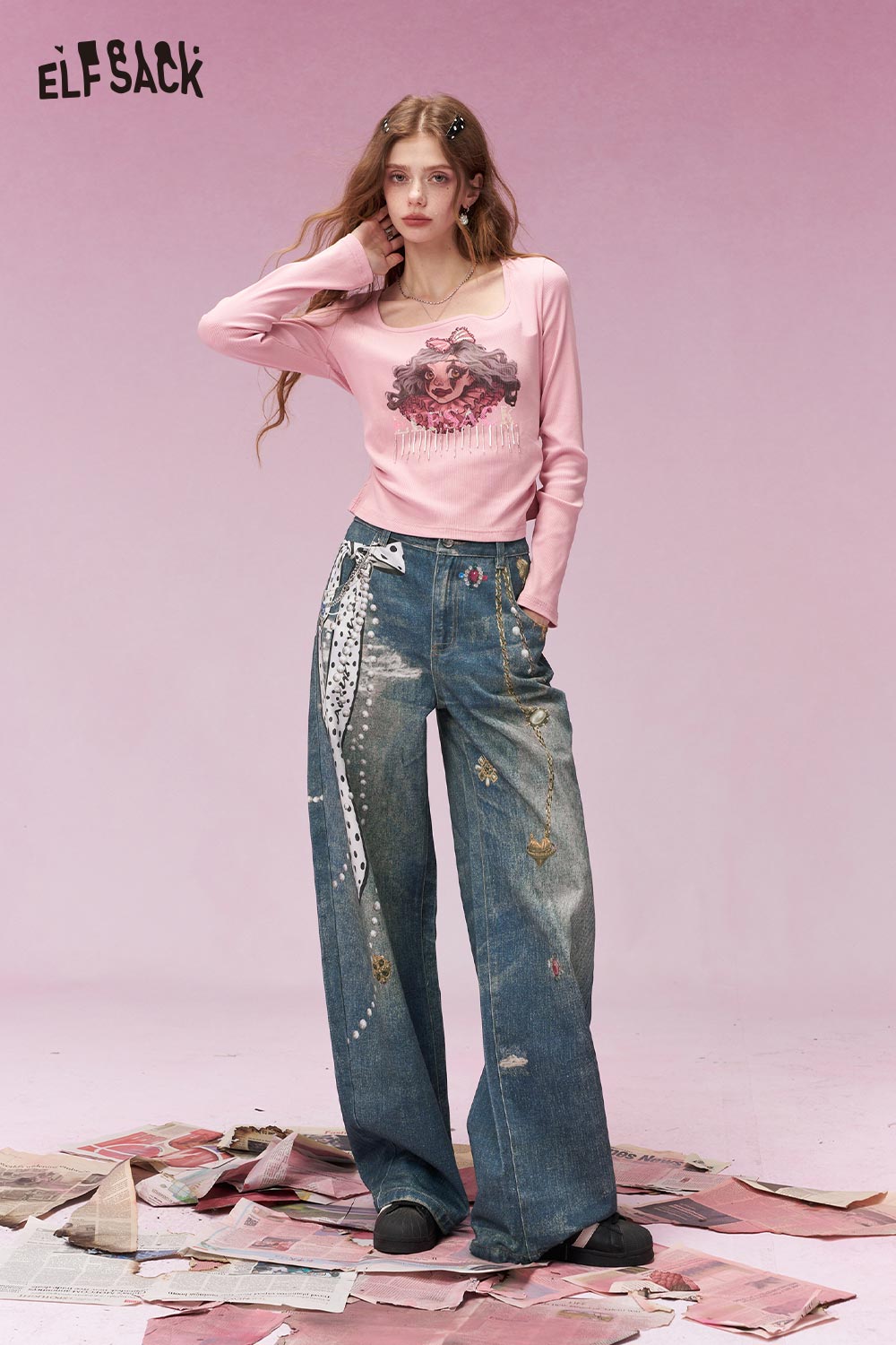 ELFSACK Vintage Heart Chain Bow Print Wide Leg Jeans