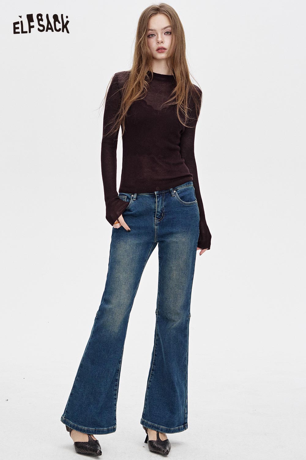 ELFSACK Viscose Blend Semi-Sheer Fabric Relaxed Fit Base Layer Knit Top