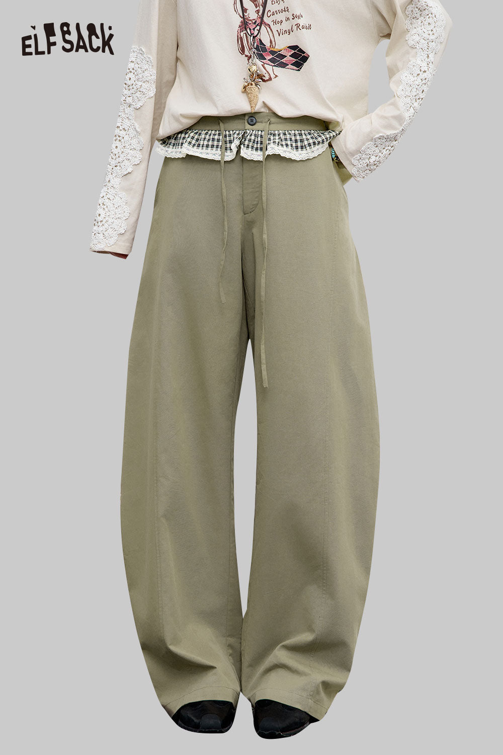 ELFSACK Viscose Blend Lace Accent Contrast Panel Fluid Silhouette Pants