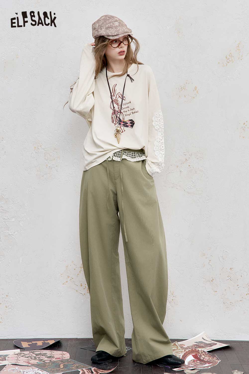 ELFSACK Viscose Blend Lace Accent Contrast Panel Fluid Silhouette Pants