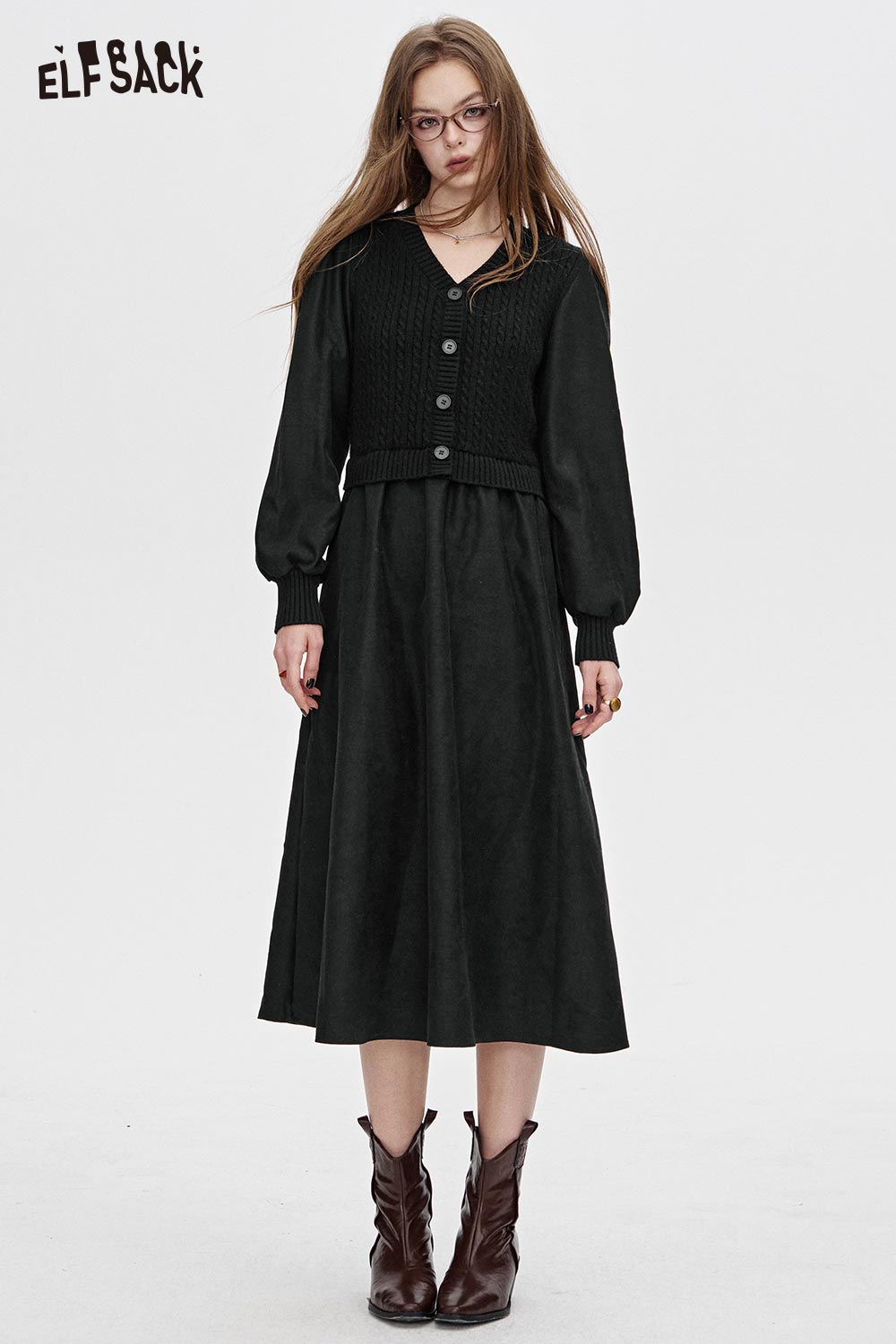 ELFSACK Viscose Blend Voluminous Sleeve Minimalist Silhouette V-Neck Dress