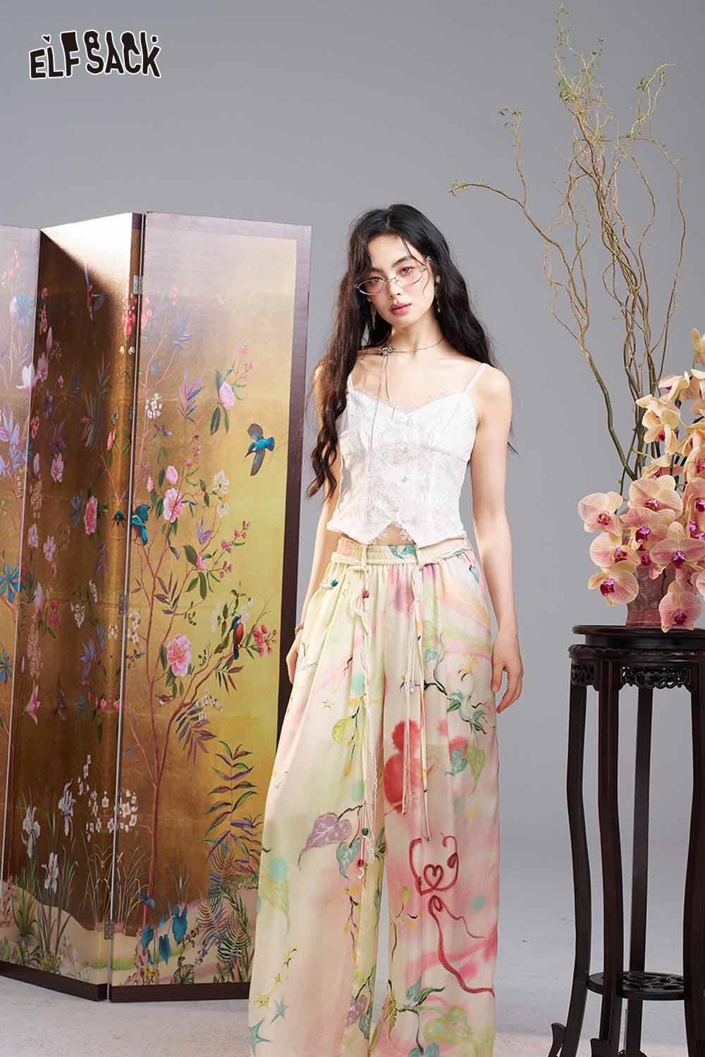 ELFSACK Watercolor Floral Beaded Drawstring Wide Leg Pants