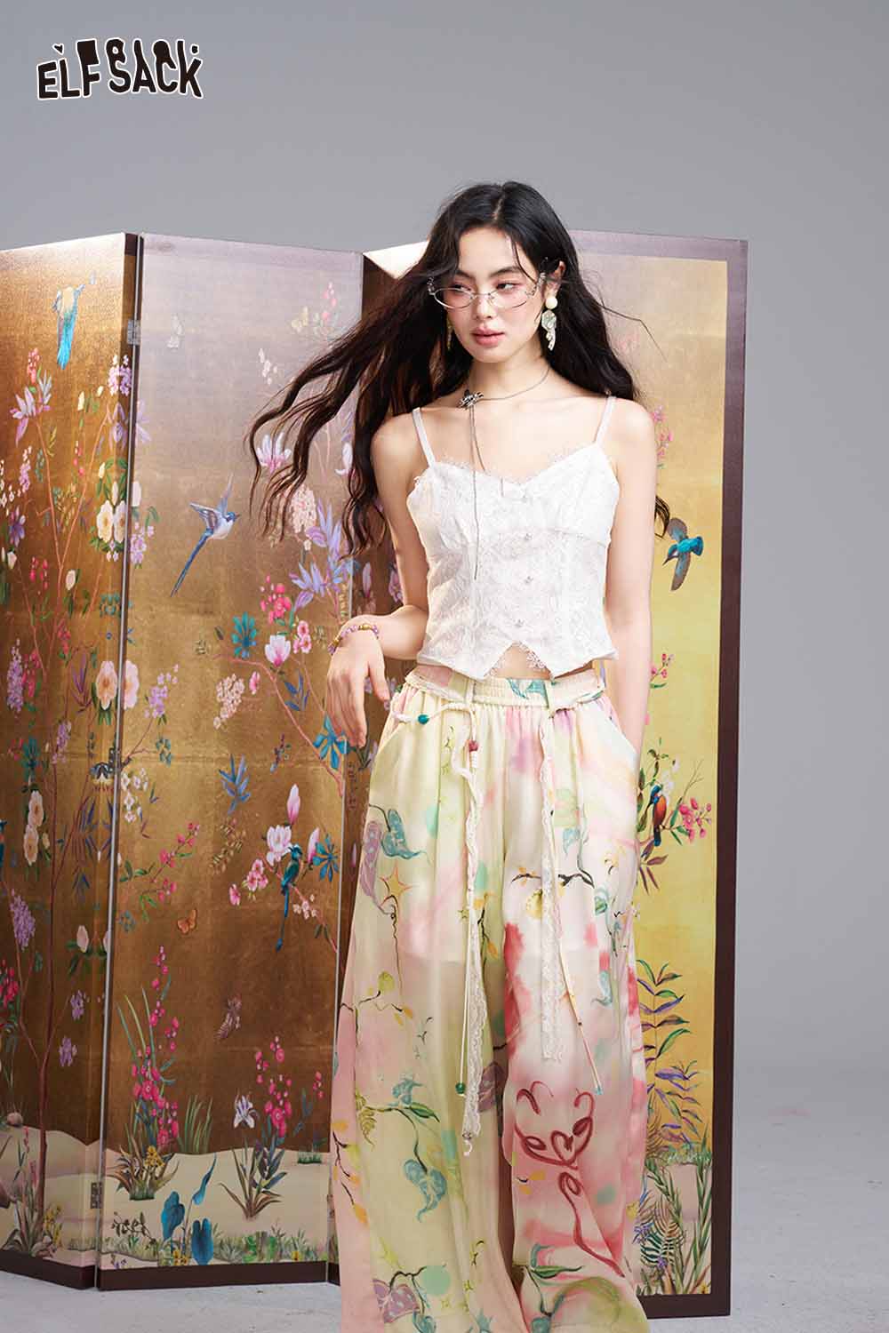 ELFSACK Watercolor Floral Beaded Drawstring Wide Leg Pants