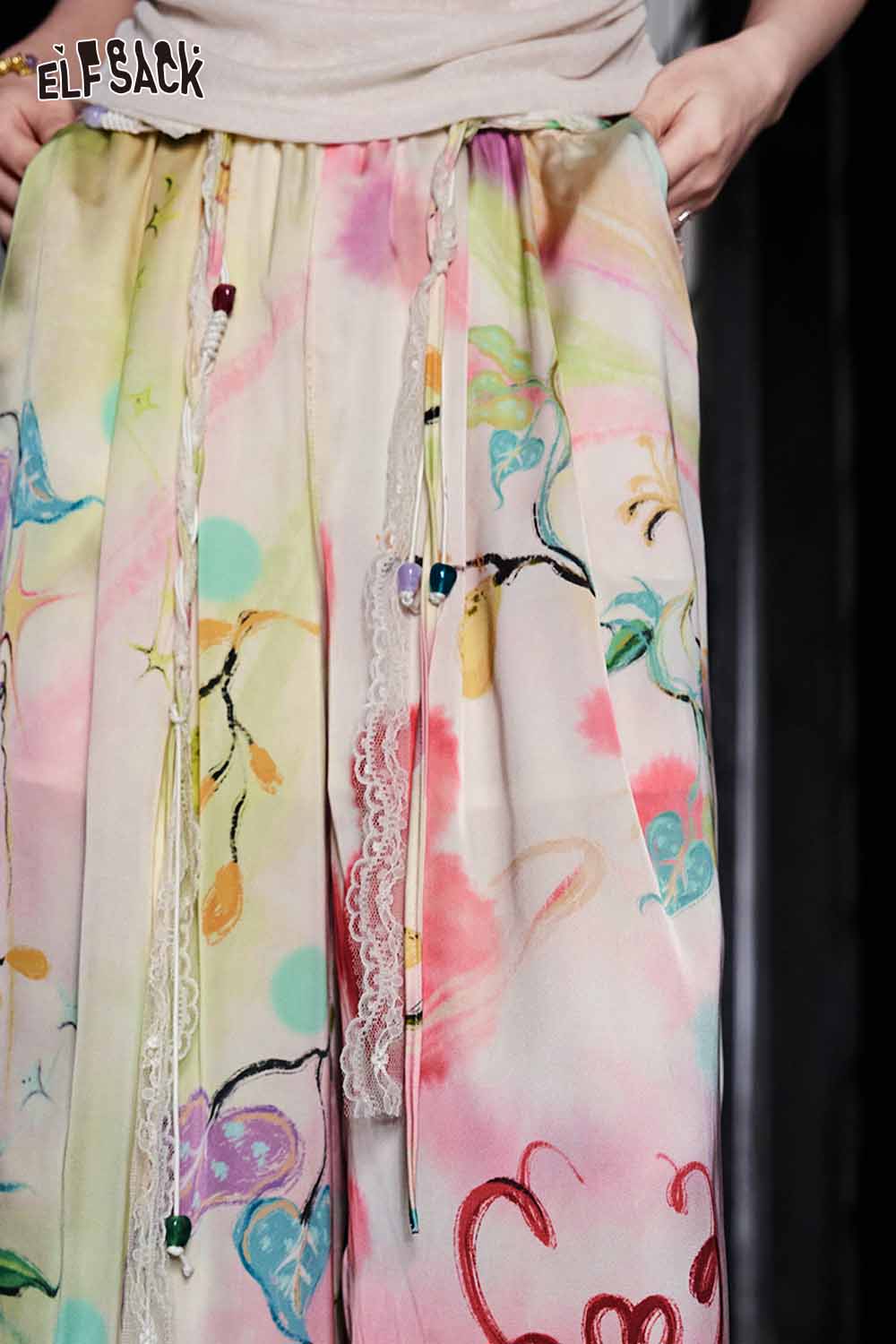 ELFSACK Watercolor Floral Beaded Drawstring Wide Leg Pants
