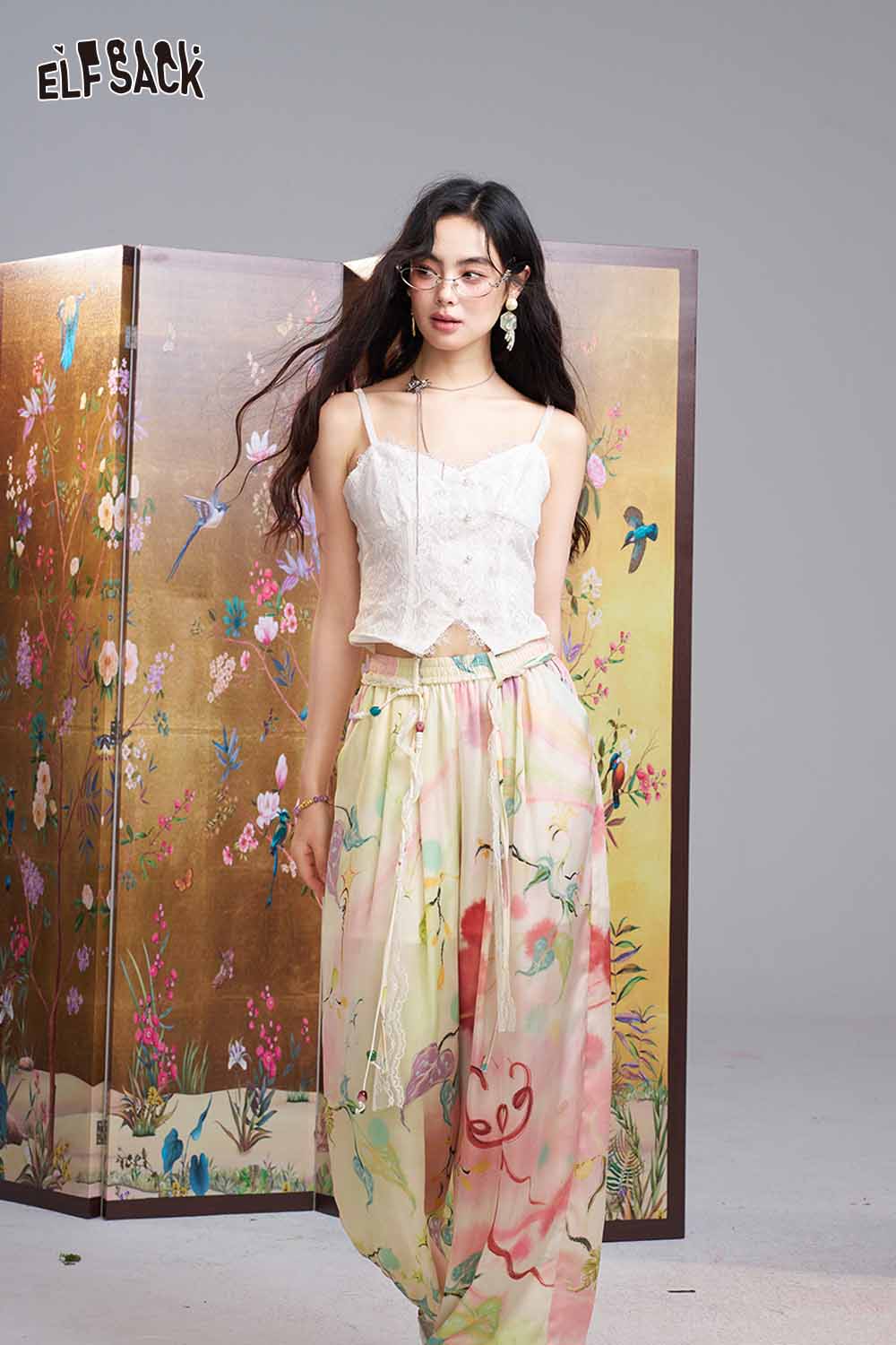 ELFSACK Watercolor Floral Beaded Drawstring Wide Leg Pants