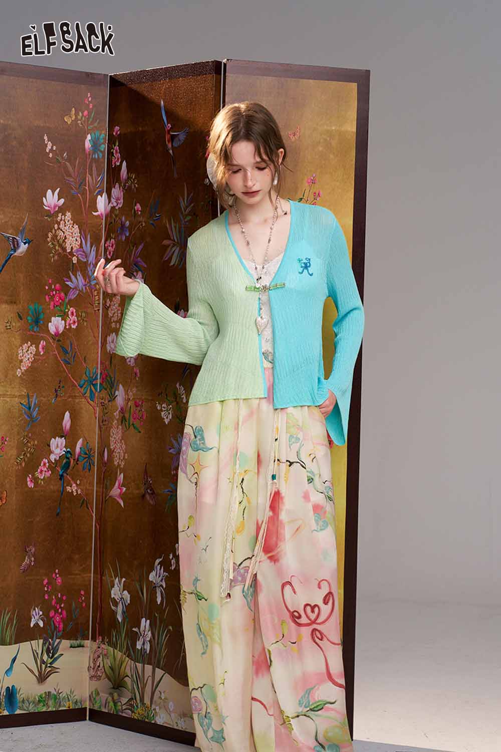 ELFSACK Watercolor Floral Beaded Drawstring Wide Leg Pants