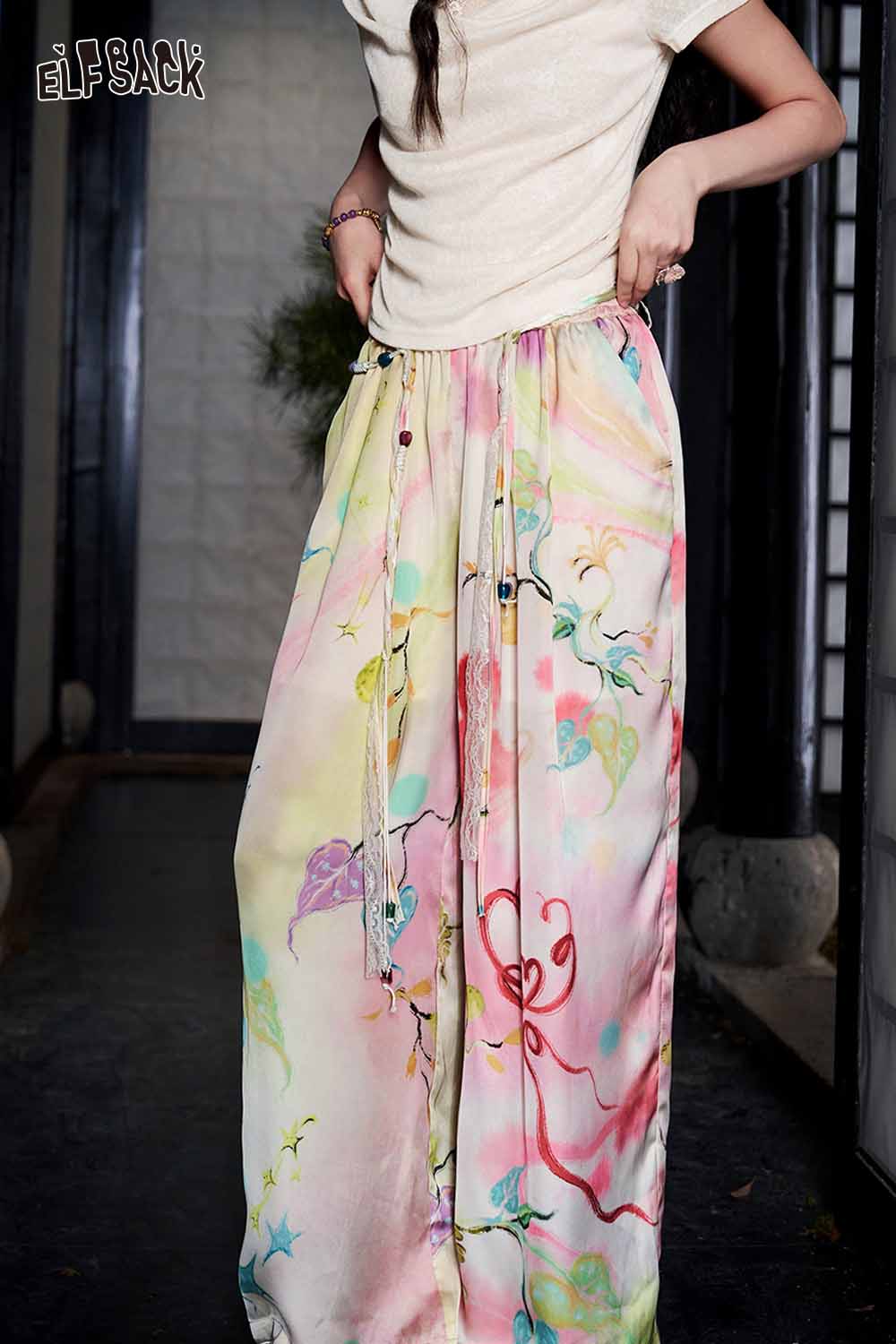 ELFSACK Watercolor Floral Beaded Drawstring Wide Leg Pants