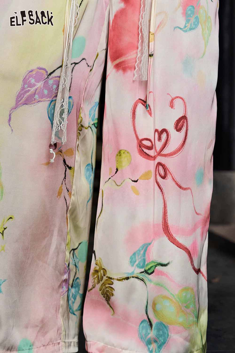 ELFSACK Watercolor Floral Beaded Drawstring Wide Leg Pants