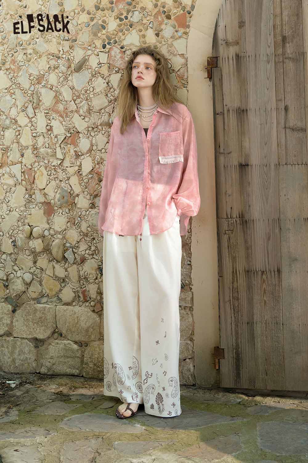 ELFSACK Watercolor Floral Tassel Blouse
