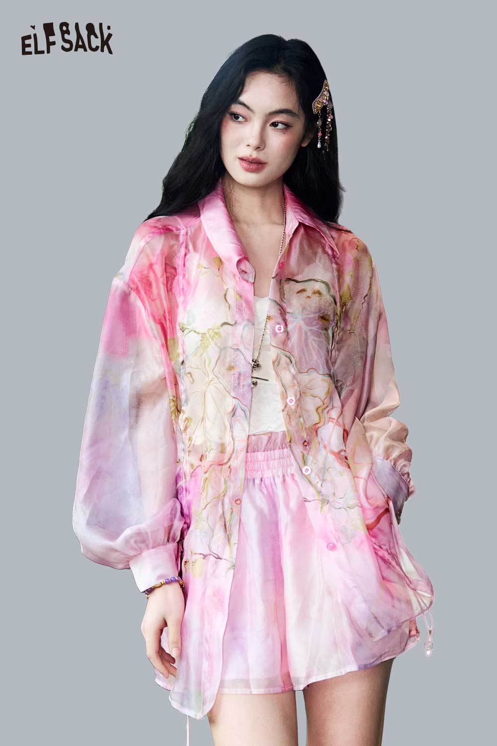 ELFSACK Watercolor Print Sheer Ruched Blouse Set
