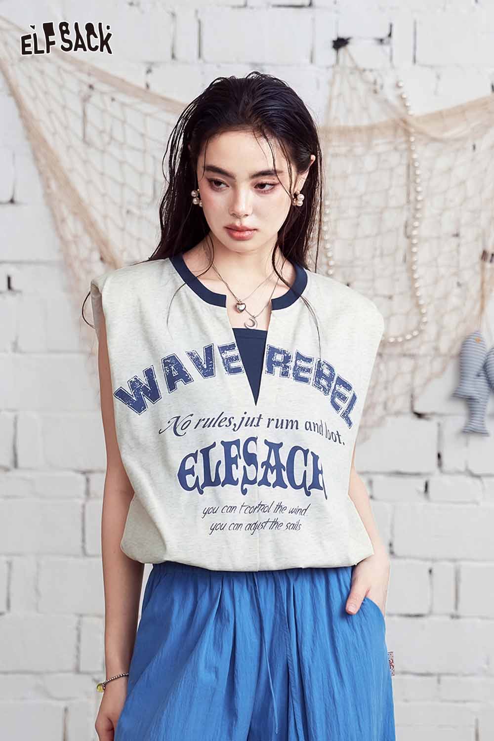 ELFSACK WAVE REBEL Print V-Neck Retro T-Shirt