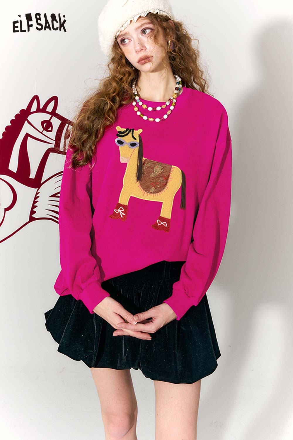 ELFSACK Whimsical Pony Relaxed Fit Round Neck Long Sleeve Sweatshirt
