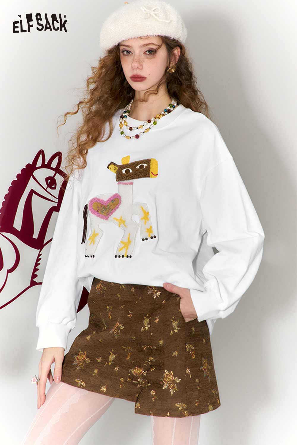 ELFSACK Whimsical Pony Relaxed Fit Round Neck Long Sleeve Sweatshirt