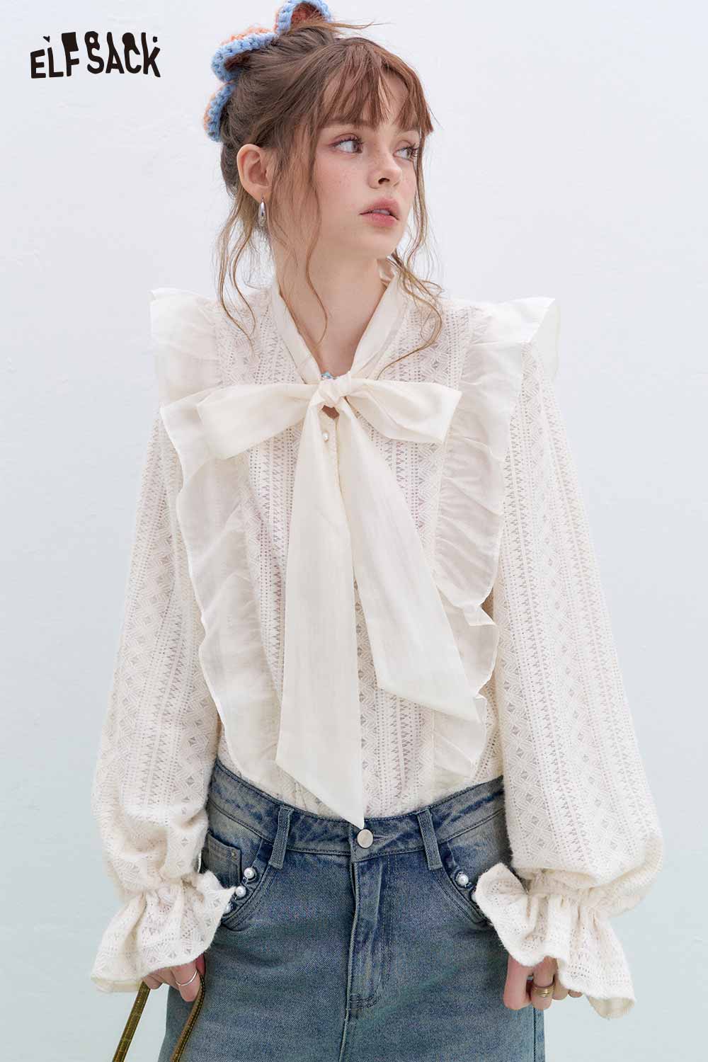 ELFSACK White Bow Ruffle Lace Blouse