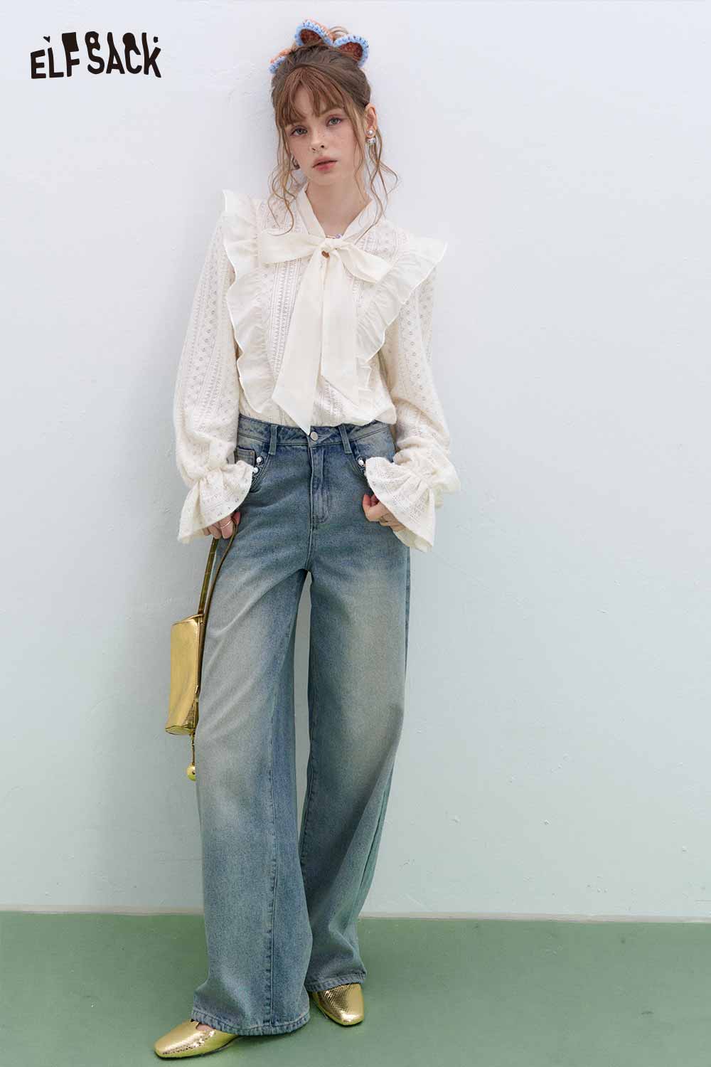 ELFSACK White Bow Ruffle Lace Blouse