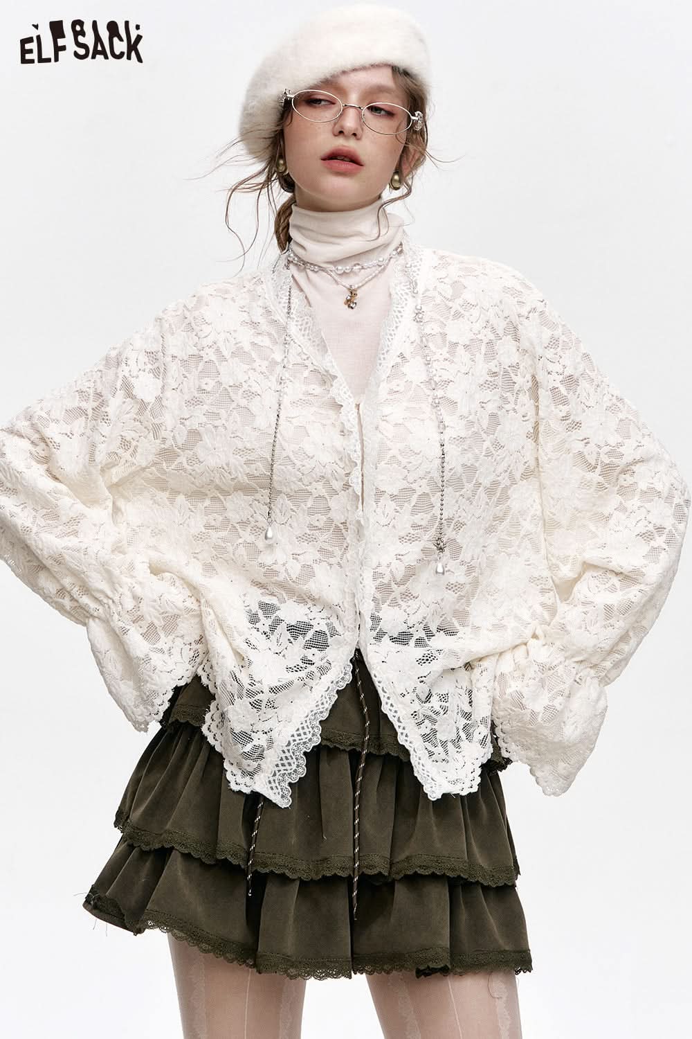 ELFSACK White Lace Semi Transparent Chiffon Shirt Layered Top Full Size Plus Size