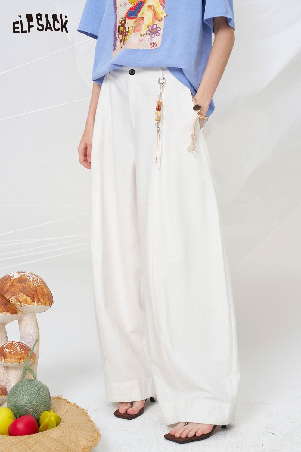 ELFSACK White Pleated Wide Leg Pants