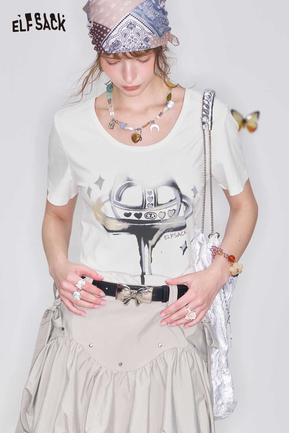 ELFSACK White Printed Loose Regular Shoulder Casual Top