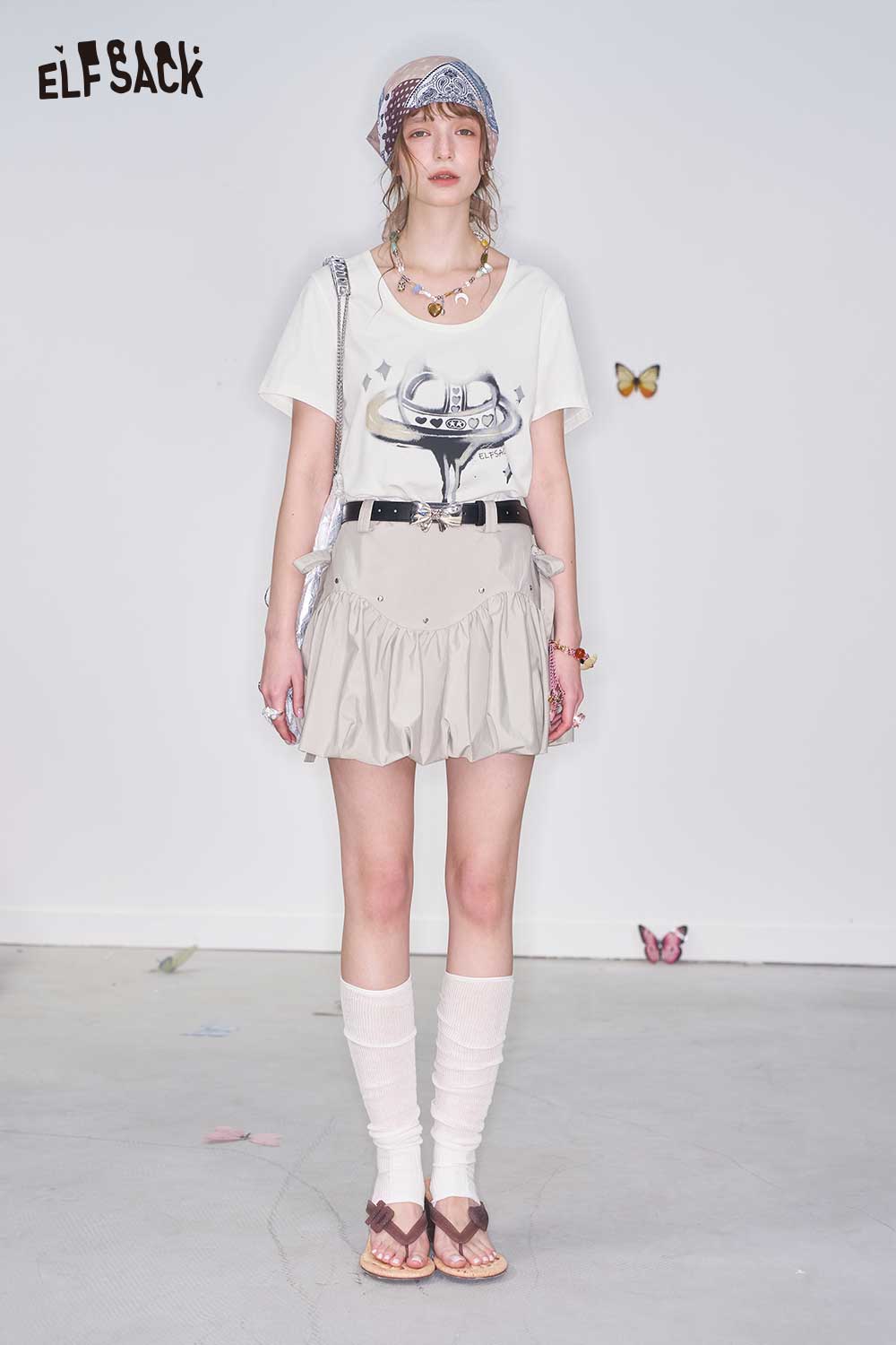 ELFSACK White Printed Loose Regular Shoulder Casual Top