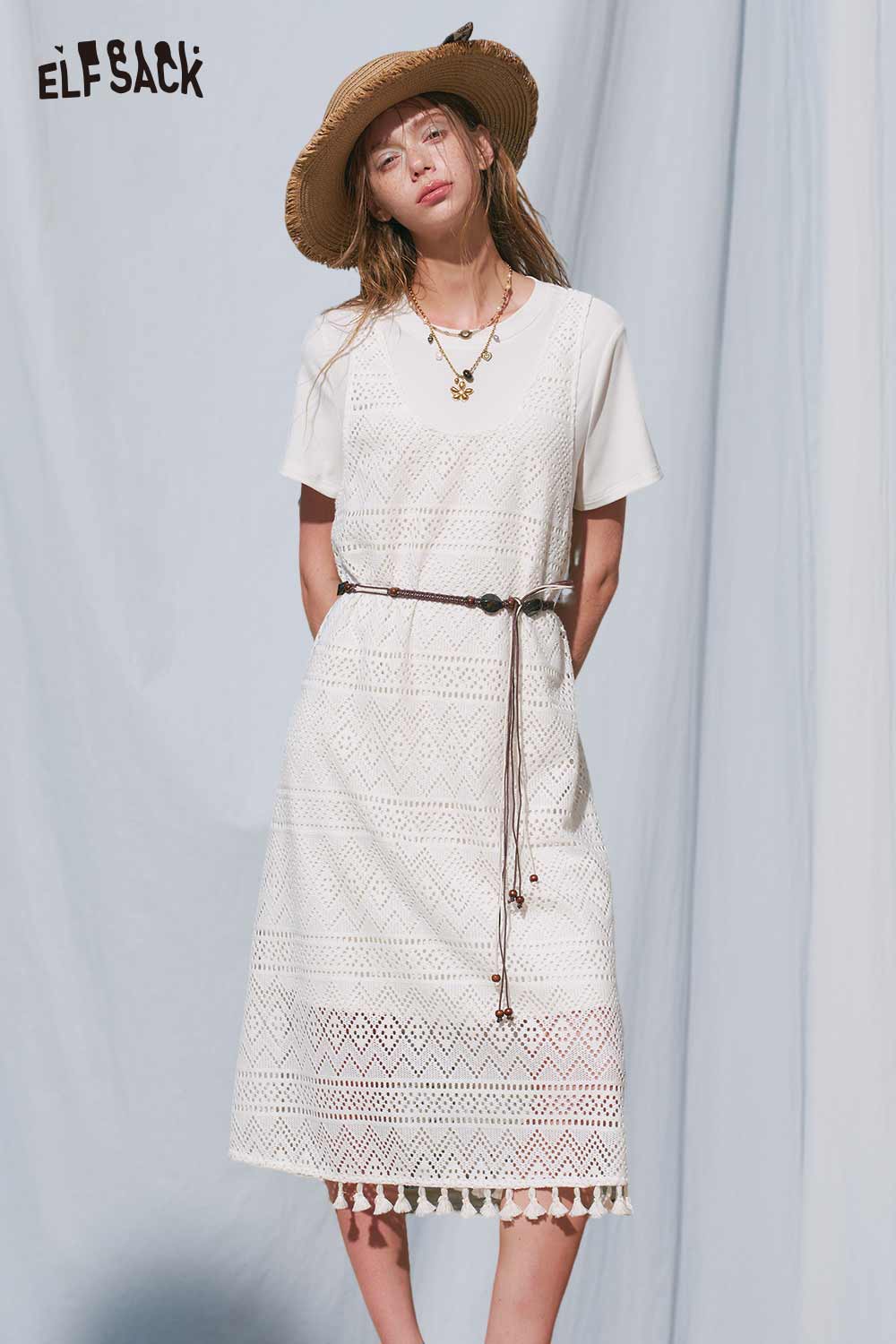 ELFSACK White T Shirt Lace Crochet Dress Set