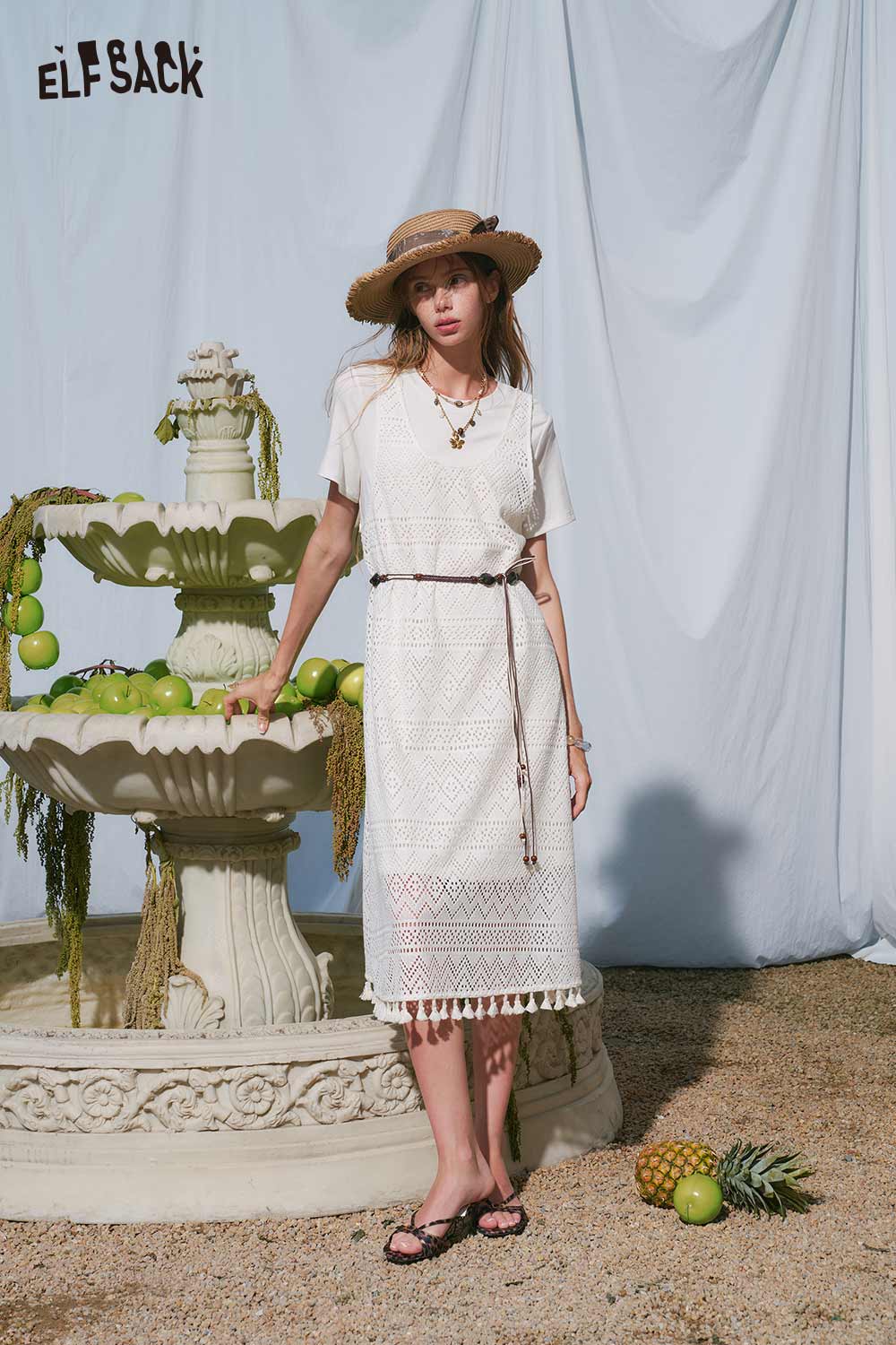 ELFSACK White T Shirt Lace Crochet Dress Set